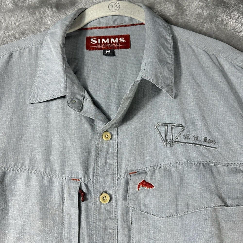 Simms Button Up Shirt Mens M Zip Pocket Rip Stop Bass Fishing Embroidered Gray